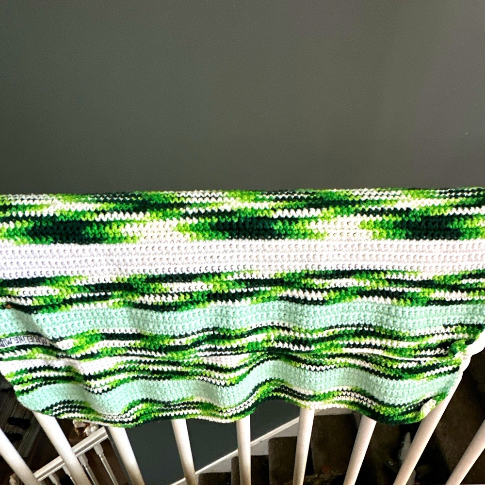 Green & White Striped Crocheted Acrylic Crib Blanket 33x28 Machine Washable